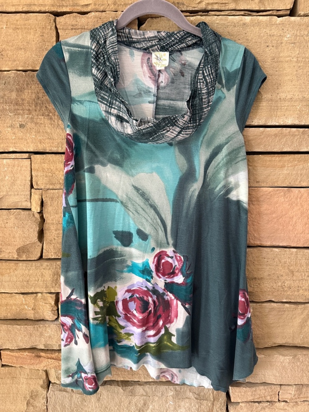 Weston Wear Anthropologie Floral Teal CowlNeck CapSleeve Top Raw Edge Flowy Vibe